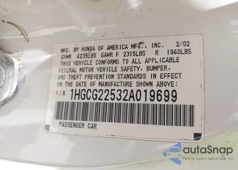 2002 Honda Accord 3.0 Ex z USA, uszkodzony, nr VIN 1HGCG22532A019699